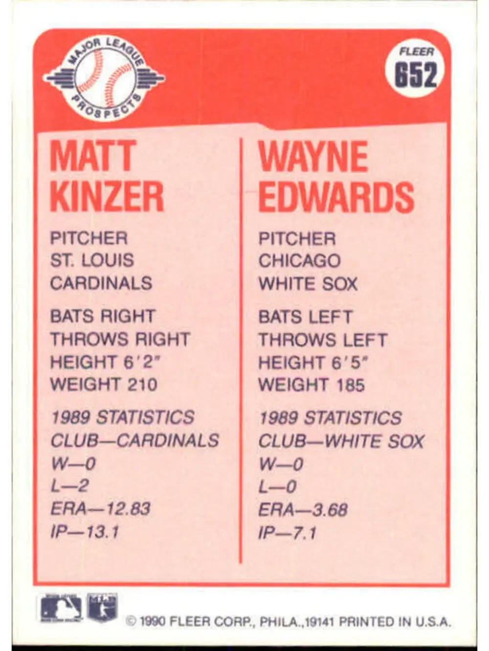 1990 Matt Kinzer / Wayne Edwards Fleer Baseball Card #652